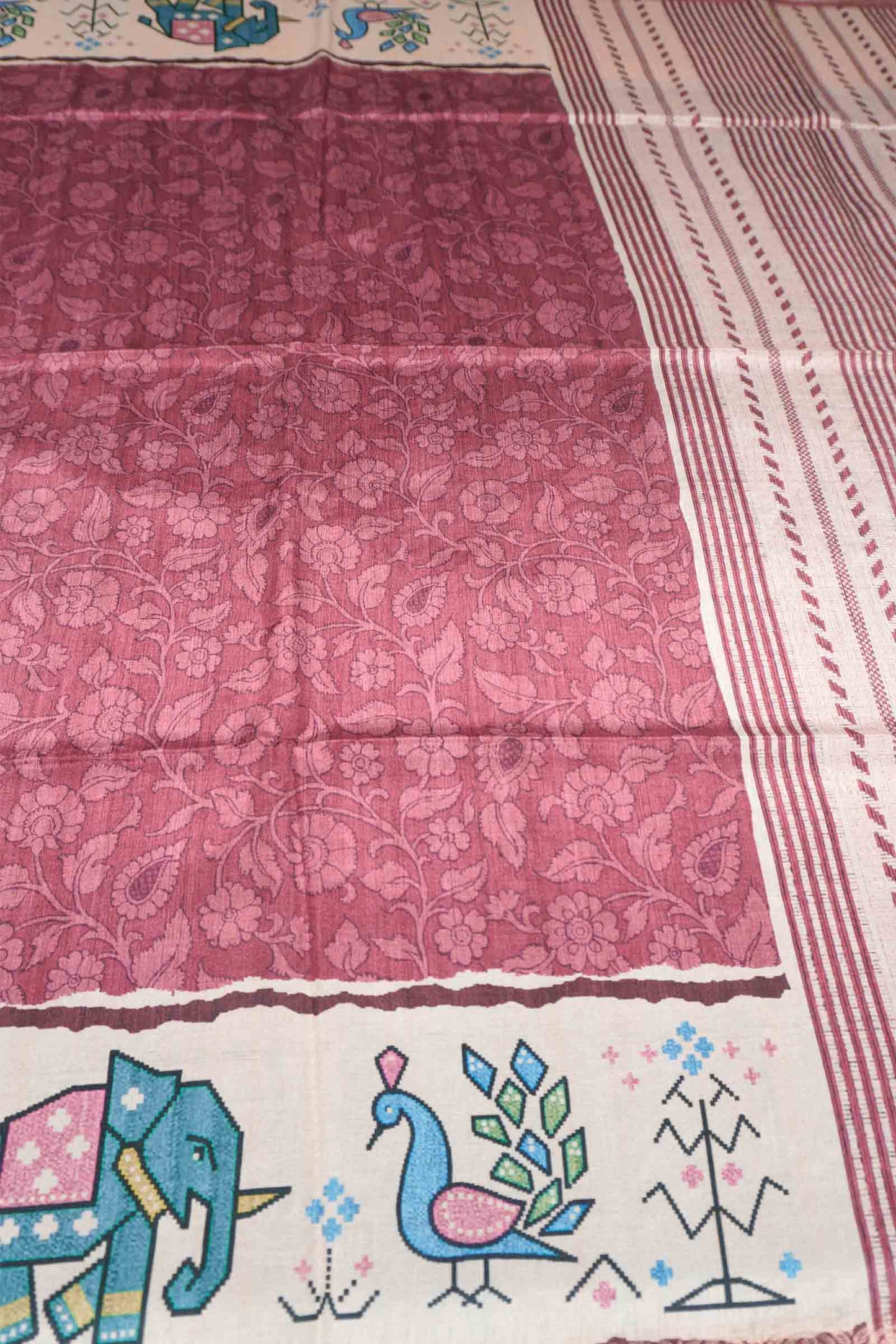 Red Semi Tussar Blooming Magic Prints Peacock Border Saree