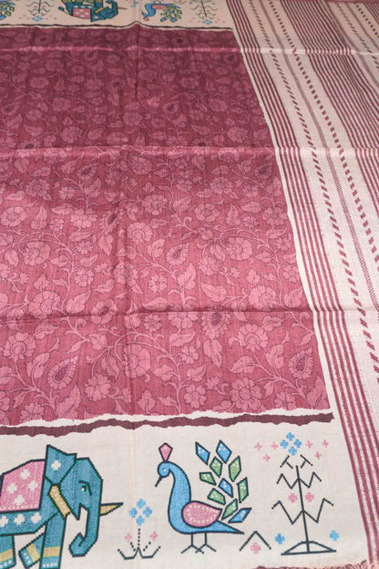 Red Semi Tussar Blooming Magic Prints Peacock Border Saree