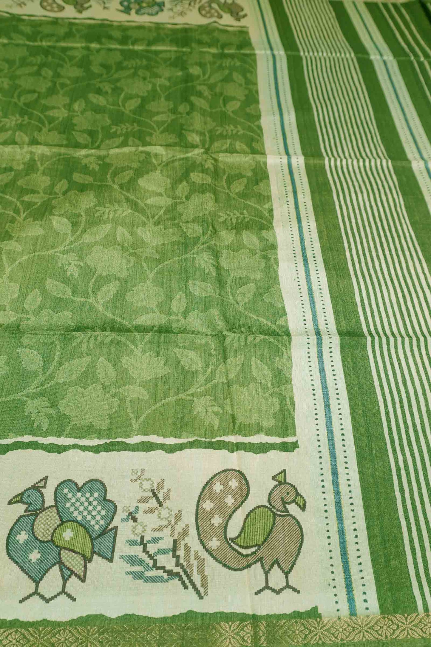Bright Green Semi Tussar Blooming Magic Prints Crane Border Saree