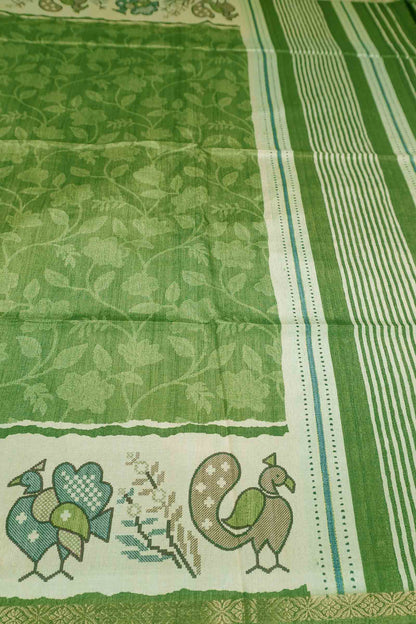 Bright Green Semi Tussar Blooming Magic Prints Crane Border Saree