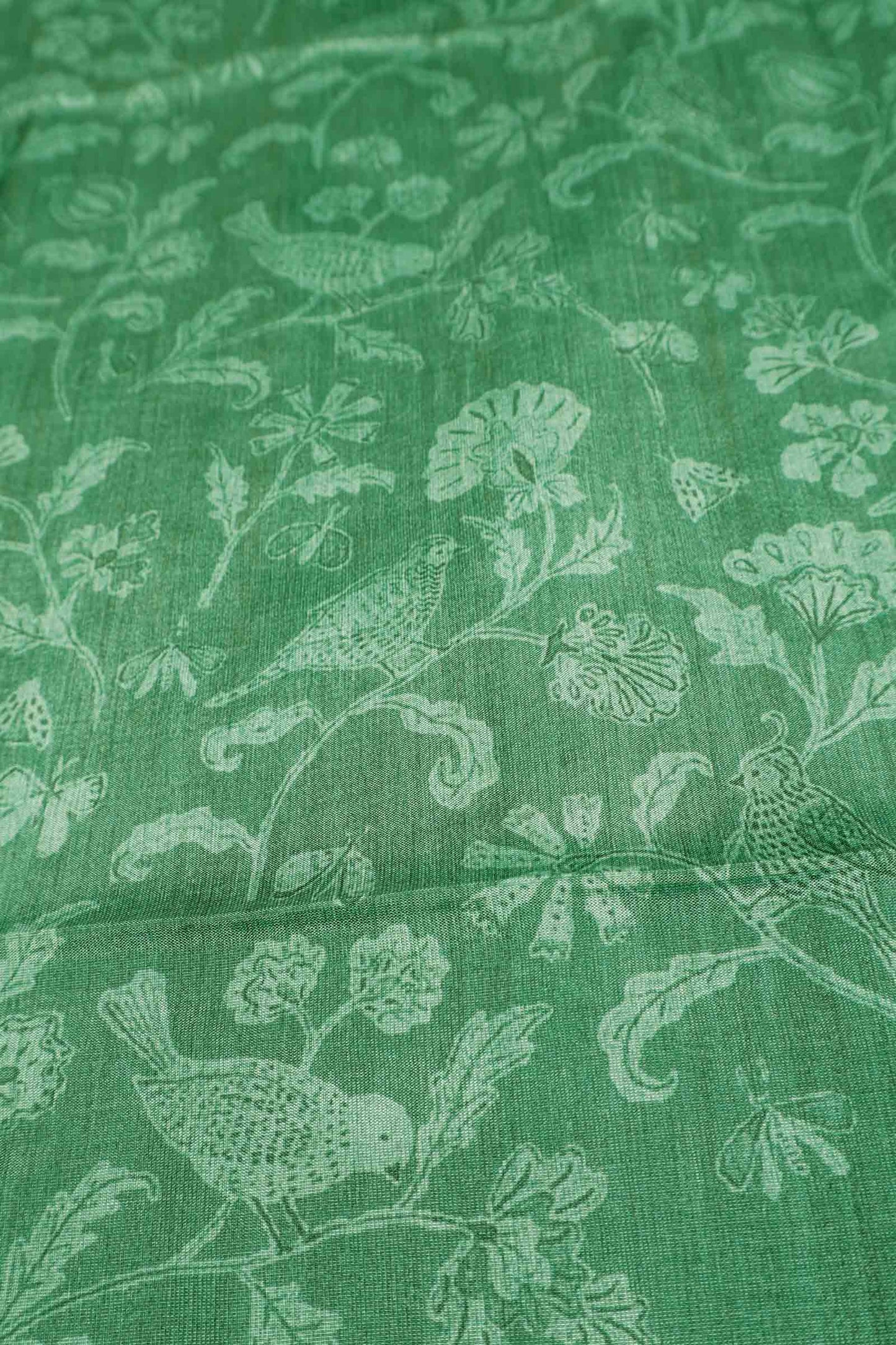 Leaf Green With White Semi Tussar Blooming Magic Prints Crane Border Saree
