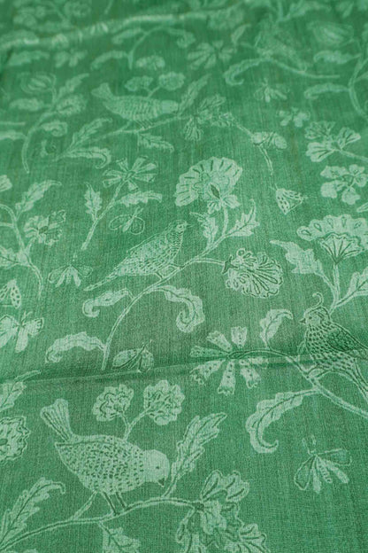 Leaf Green With White Semi Tussar Blooming Magic Prints Crane Border Saree