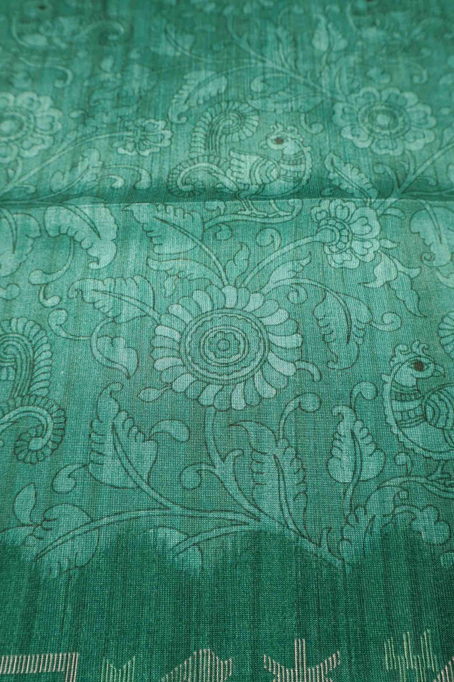 Green Semi Tussar Blooming Magic Prints Art Border Saree