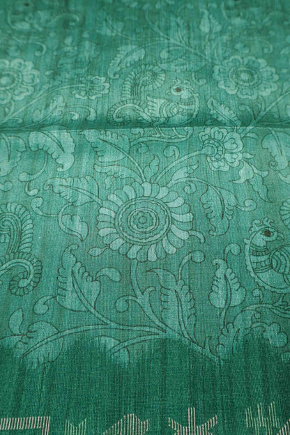 Green Semi Tussar Blooming Magic Prints Art Border Saree