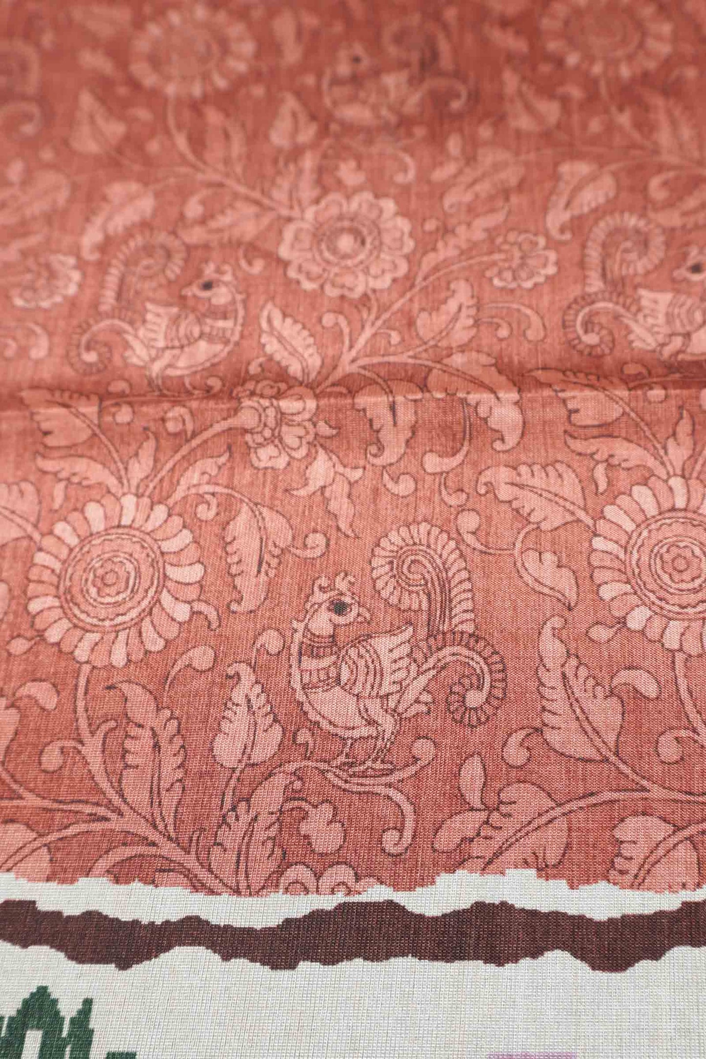Orange Semi Tussar Blooming Magic Prints Parrot Border Saree
