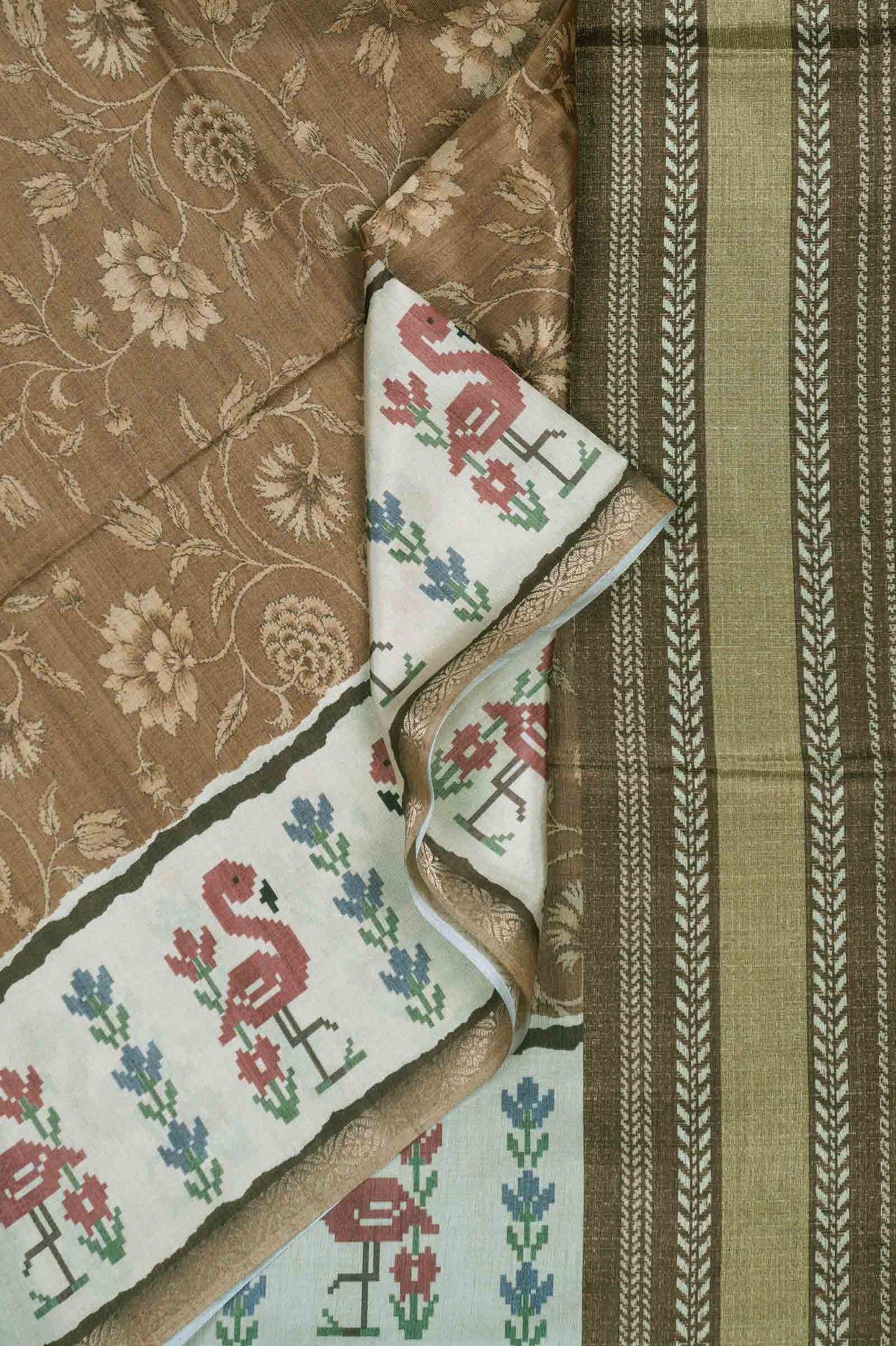 Moss Green With Brown Semi Tussar Blooming Magic Prints Flamingo Border Saree