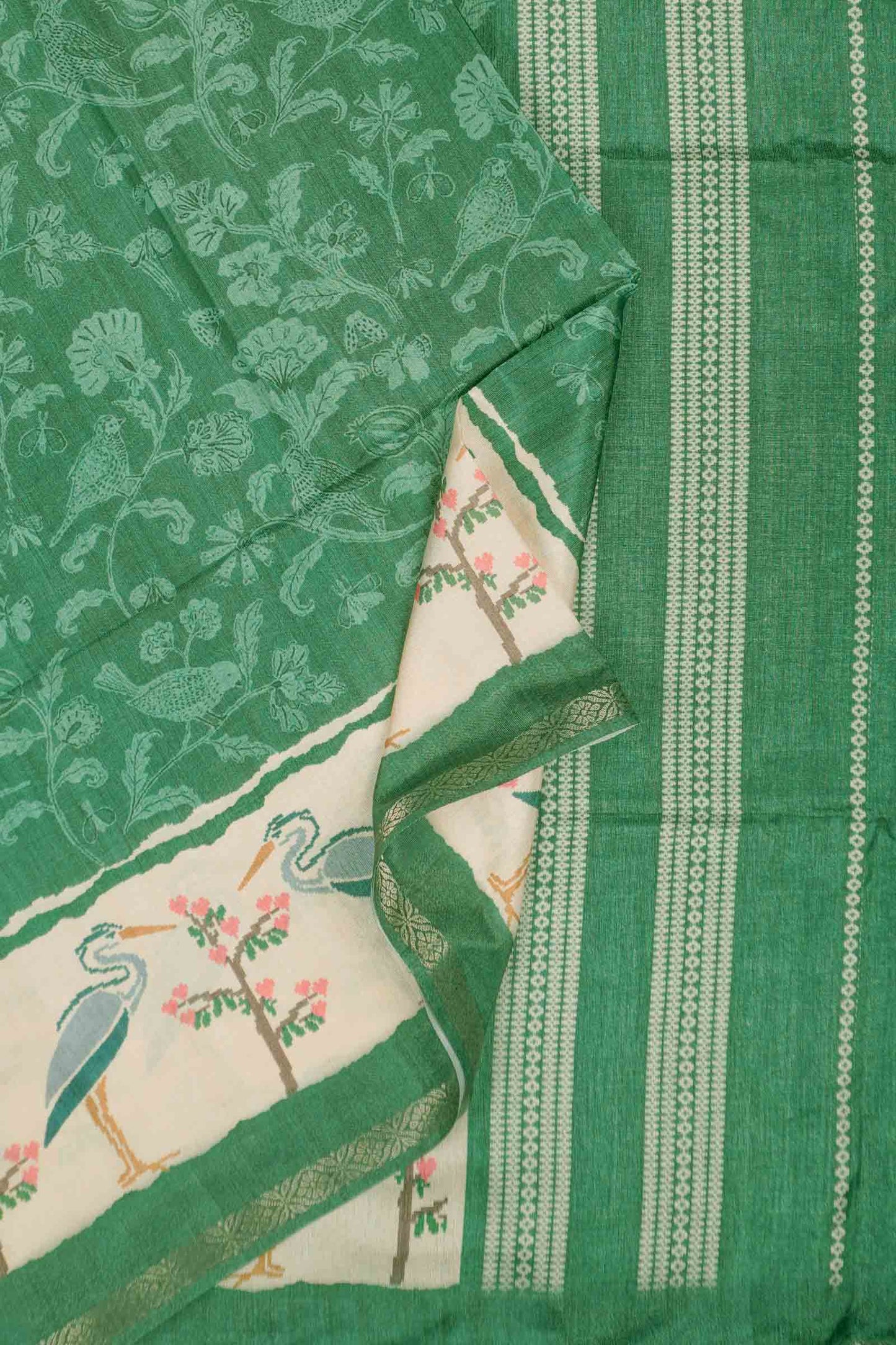 Leaf Green With White Semi Tussar Blooming Magic Prints Crane Border Saree