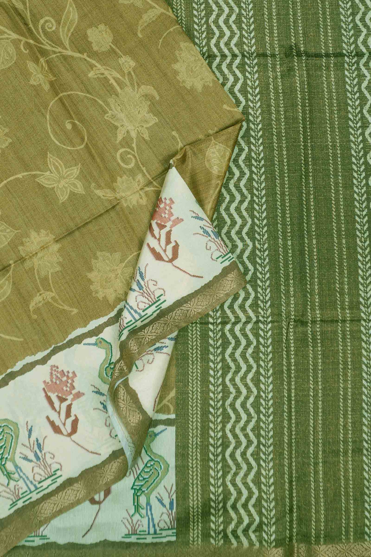 Olive Green Semi Tussar Blooming Magic Prints Crane Border Saree