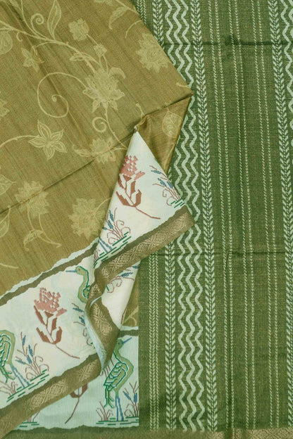 Olive Green Semi Tussar Blooming Magic Prints Crane Border Saree