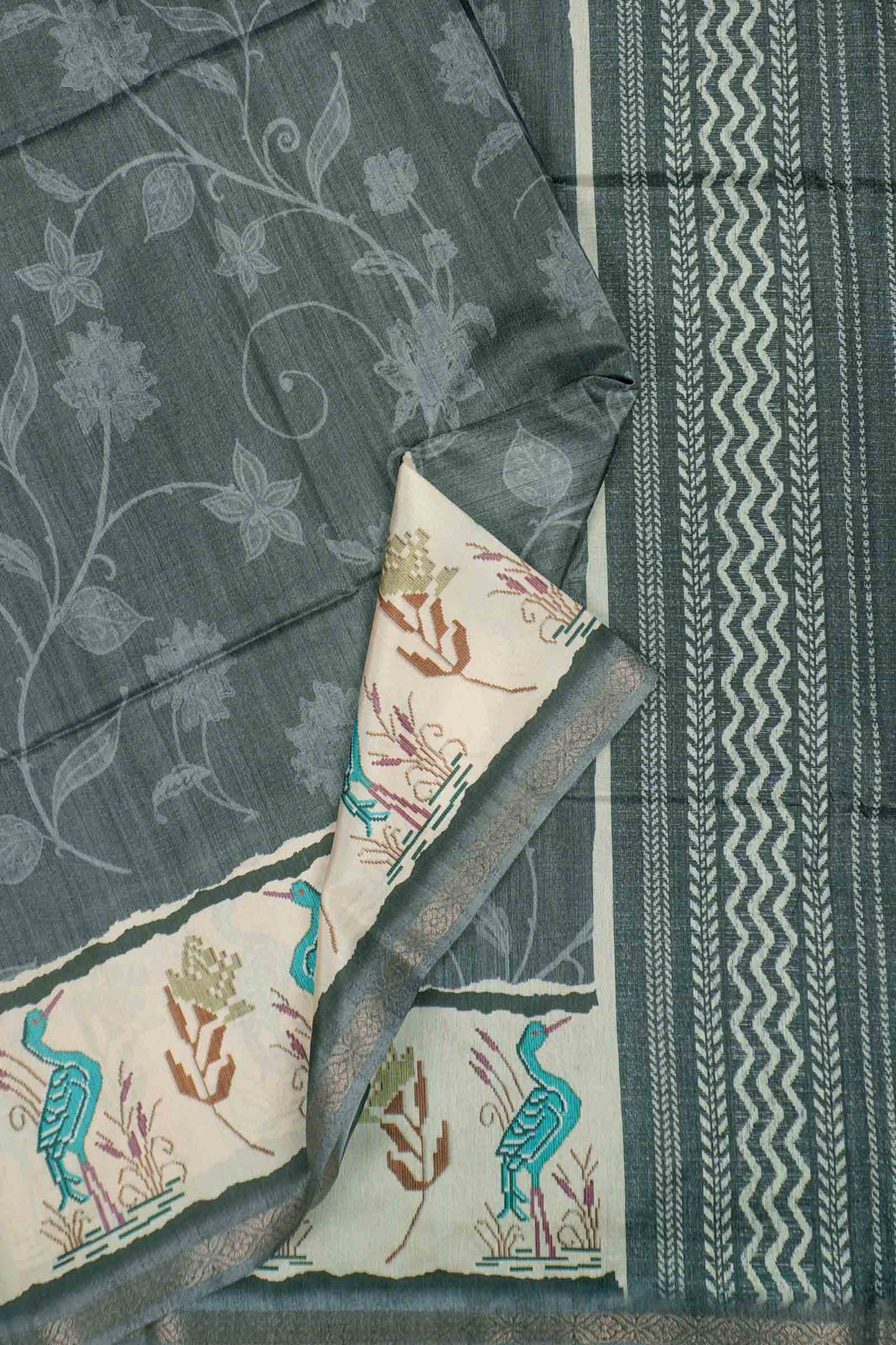 Ash Black Semi Tussar Blooming Magic Prints Crane Border Saree