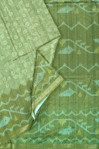 Olive Green Semi Tussar Blooming Magic Prints Art Border Saree