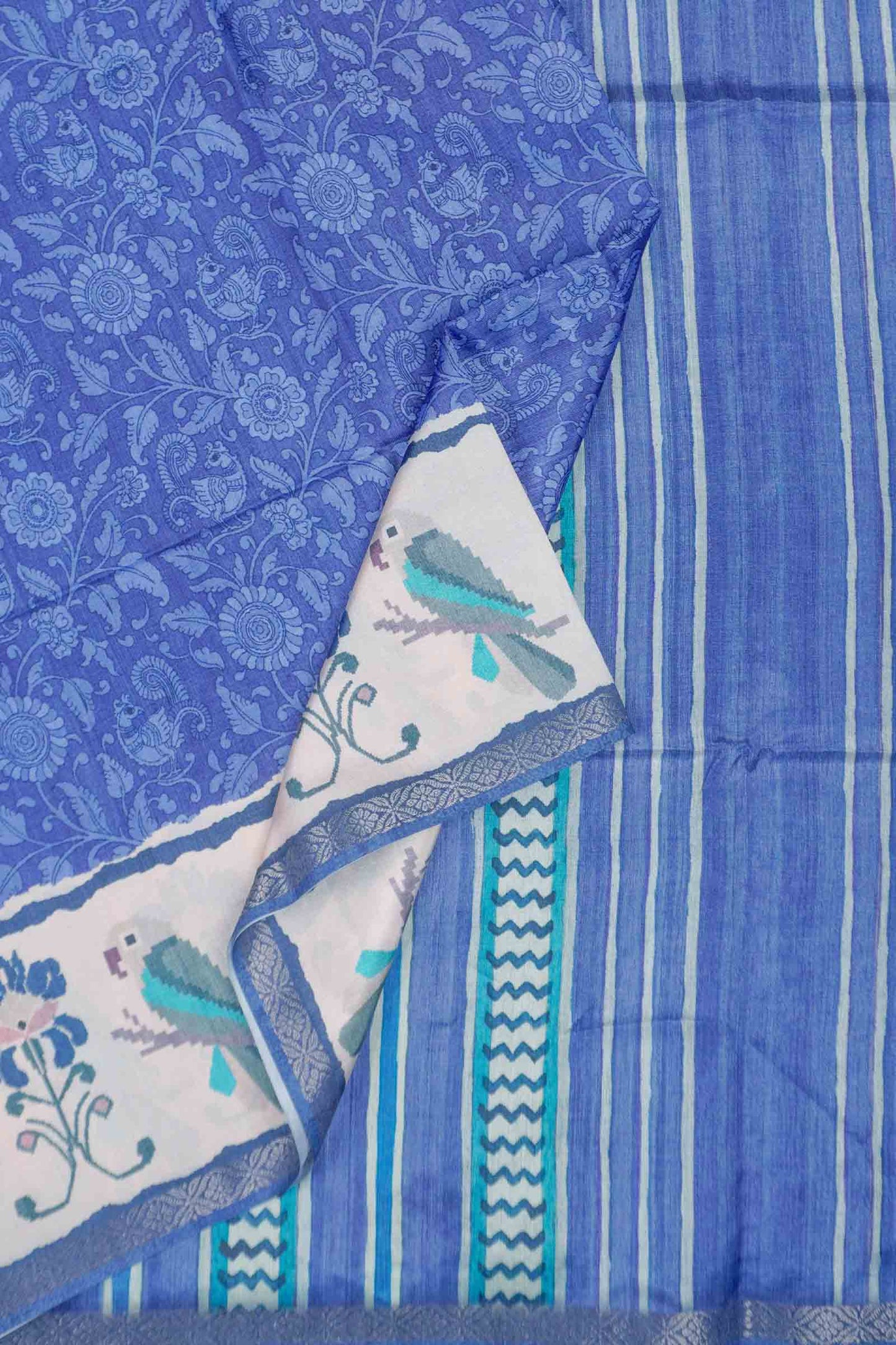 Blue Semi Tussar Blooming Magic Prints Parrot Border Saree