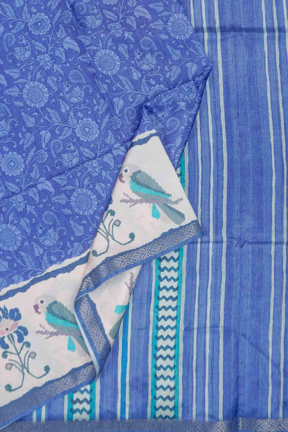 Blue Semi Tussar Blooming Magic Prints Parrot Border Saree