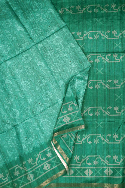 Green Semi Tussar Blooming Magic Prints Art Border Saree