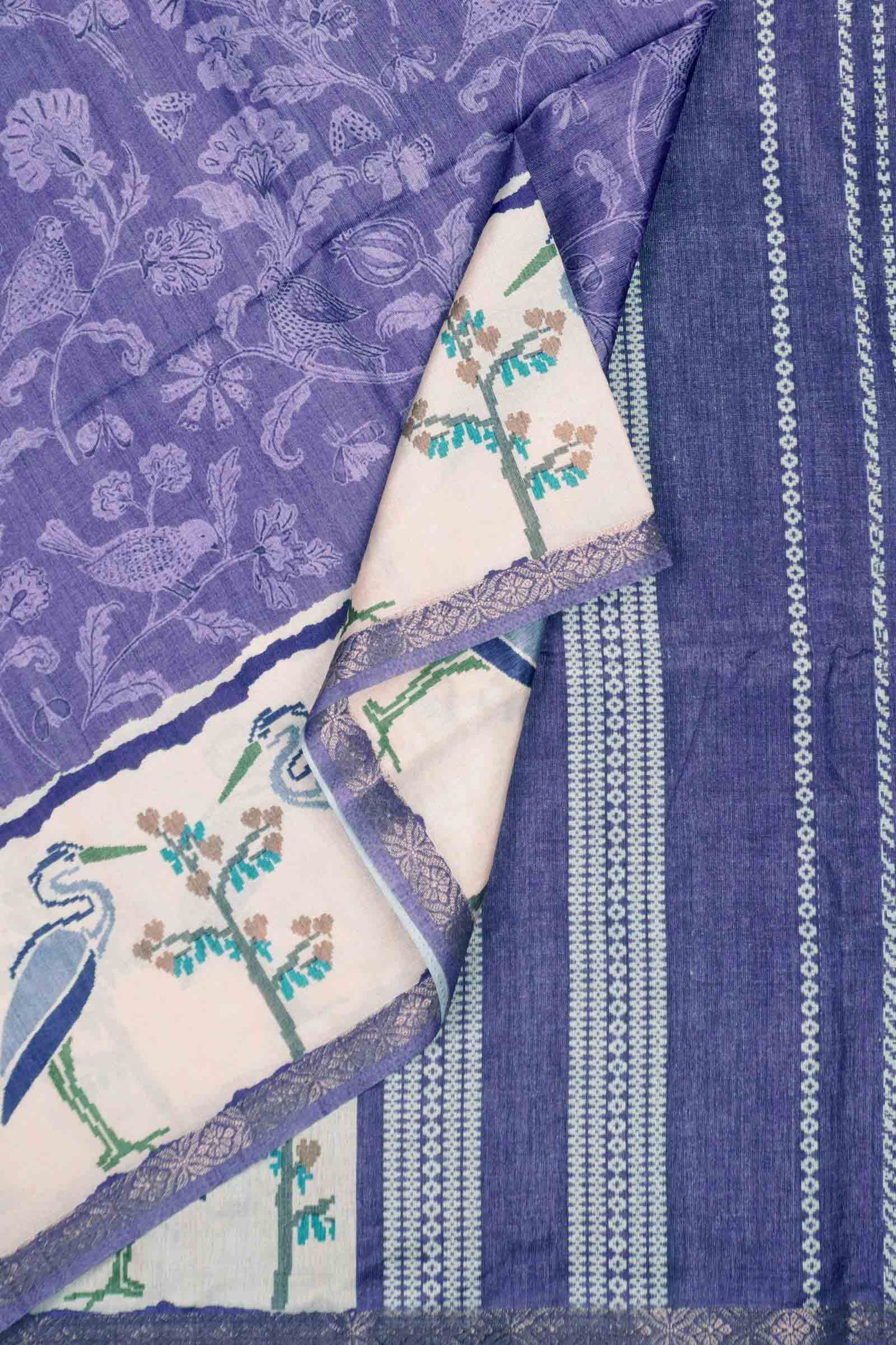 Lavander Semi Tussar Blooming Magic Prints Crane Border Saree