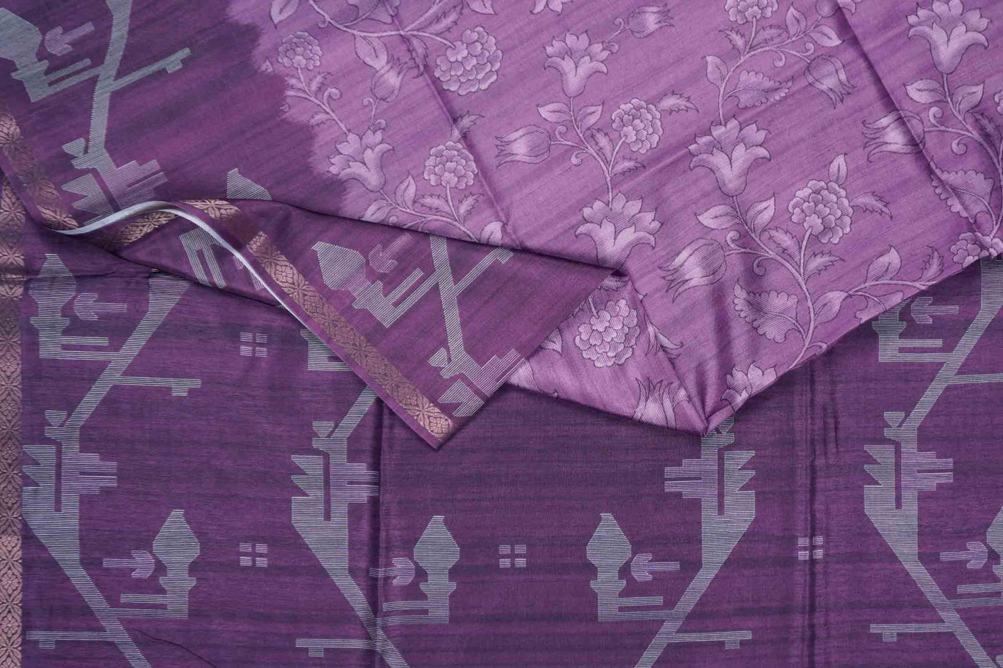 Violet Semi Tussar Blooming Magic Prints Jamdani Inspired Border Saree