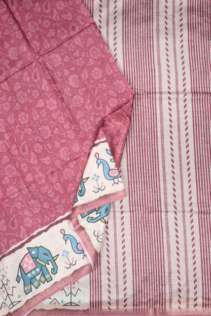 Red Semi Tussar Blooming Magic Prints Peacock Border Saree