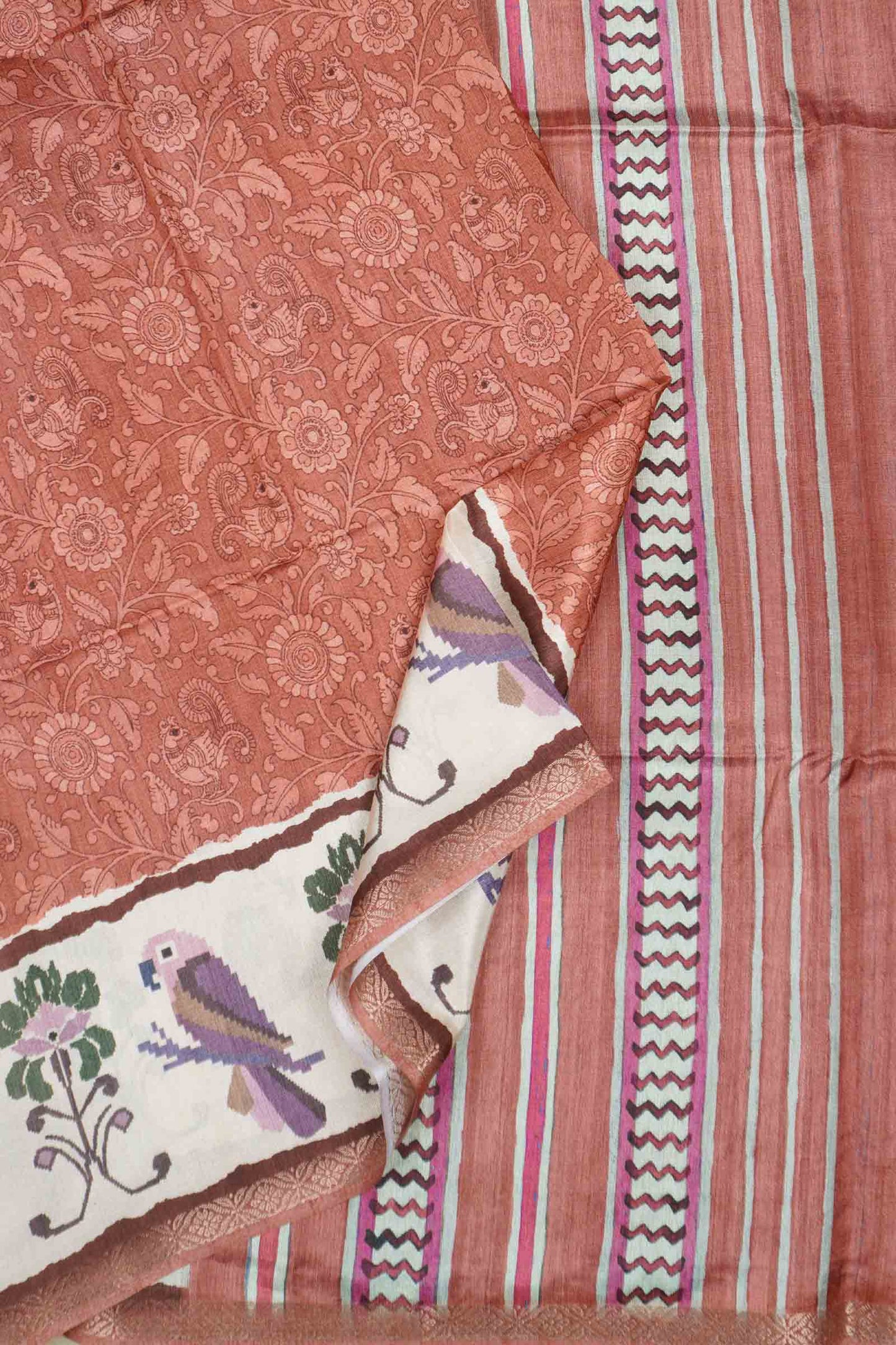 Orange Semi Tussar Blooming Magic Prints Parrot Border Saree