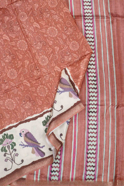 Orange Semi Tussar Blooming Magic Prints Parrot Border Saree