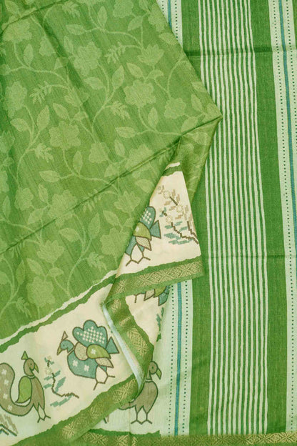 Bright Green Semi Tussar Blooming Magic Prints Crane Border Saree