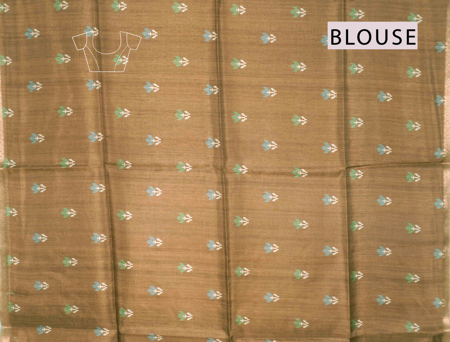 Moss Green With Brown Semi Tussar Blooming Magic Prints Flamingo Border Saree