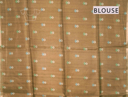 Moss Green With Brown Semi Tussar Blooming Magic Prints Flamingo Border Saree