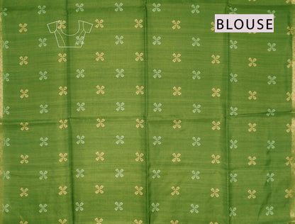 Bright Green Semi Tussar Blooming Magic Prints Crane Border Saree