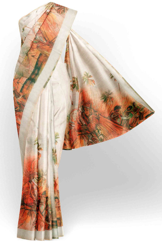 Off White Semi Linen Kathakali Scenes Saree