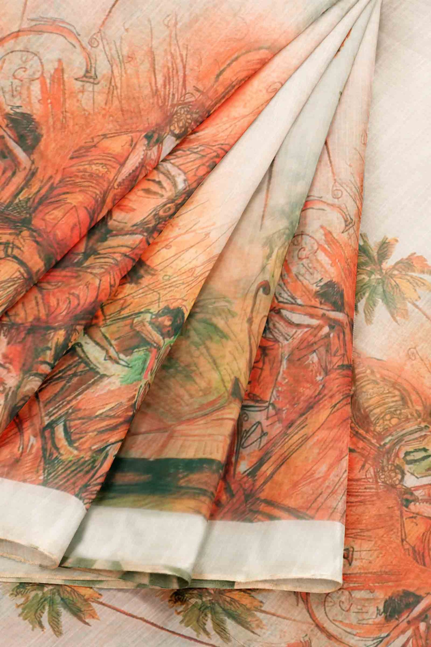 Off White Semi Linen Kathakali Scenes Saree