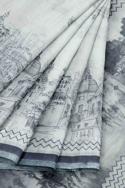 Black And White River Walk Print Saree