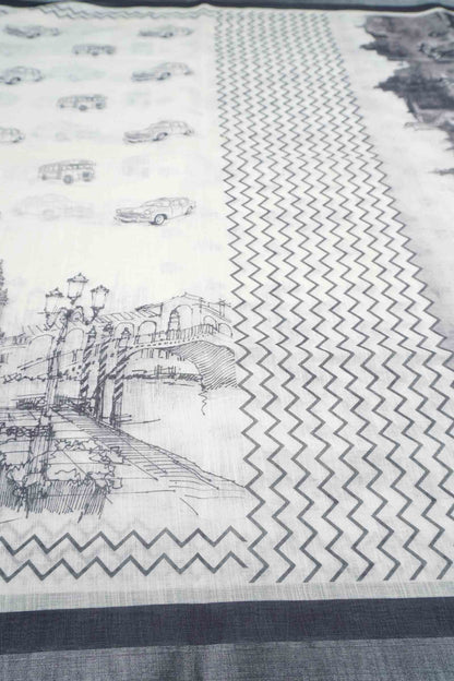 Black And White River Walk Print Saree