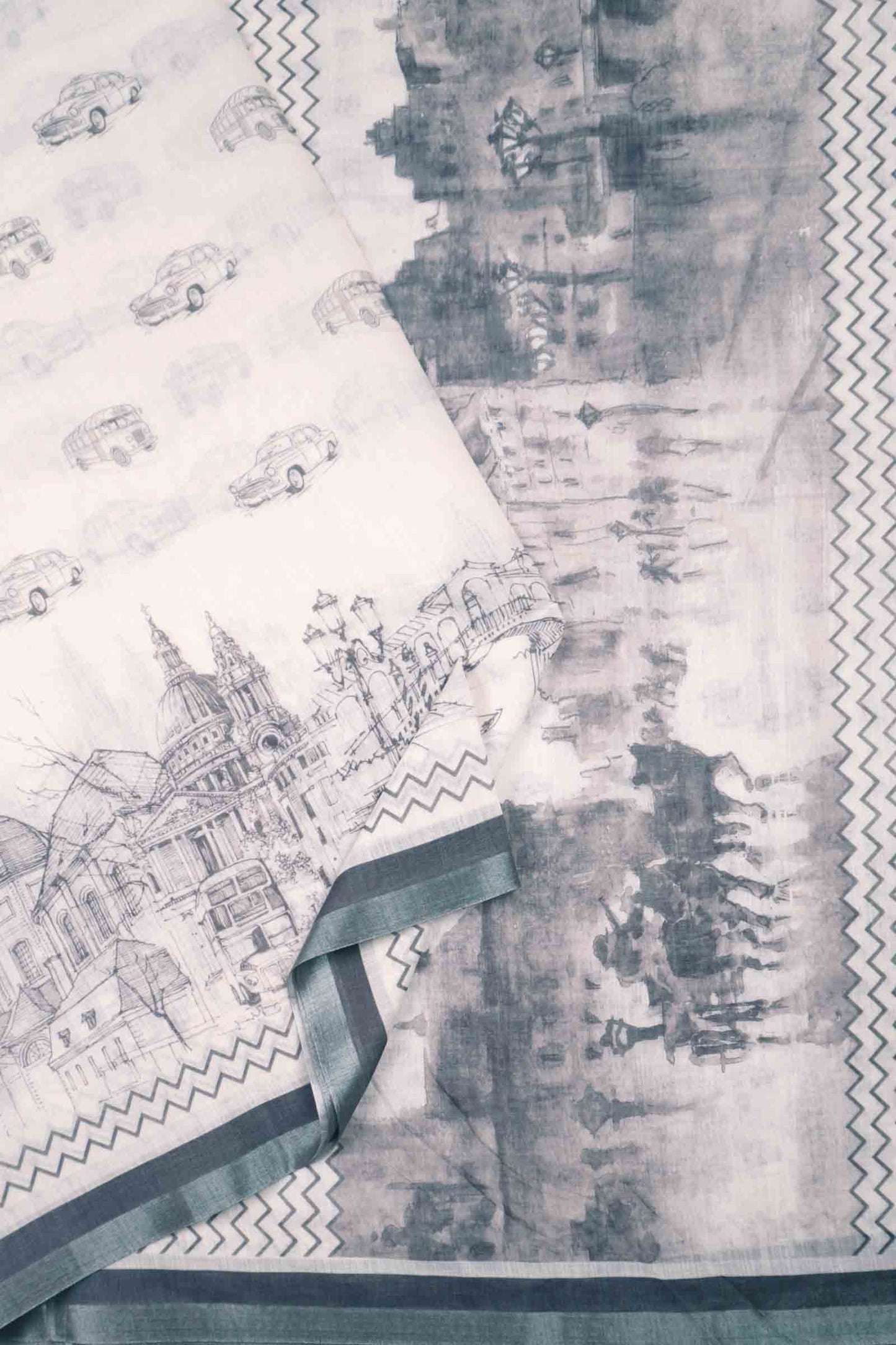 Black And White River Walk Print Saree