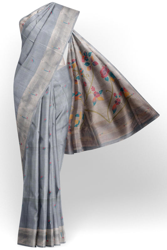 Grey Bengal Cotton With Paithani Inspired Fusion Saree