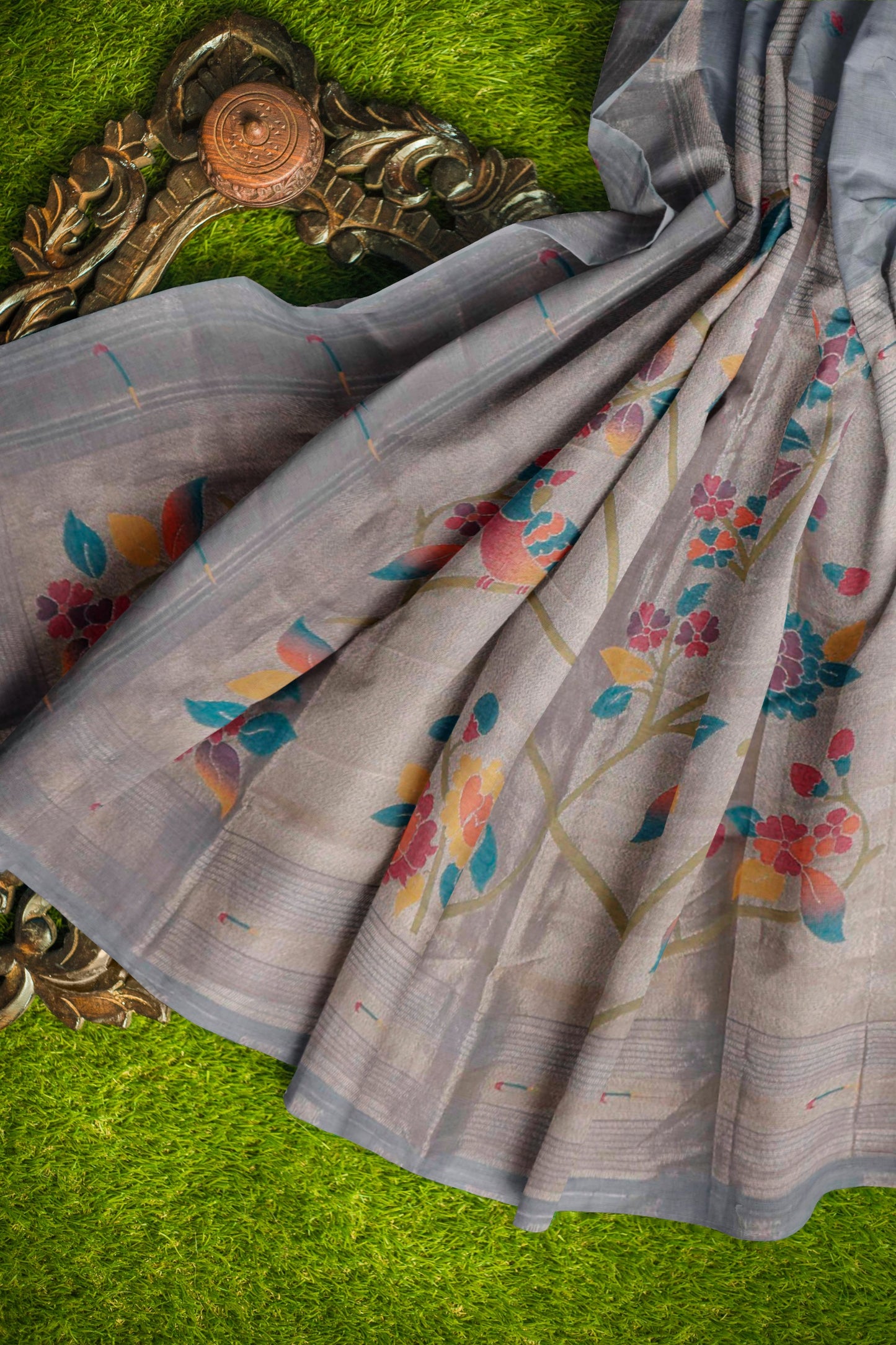 Grey Bengal Cotton With Paithani Inspired Fusion Saree