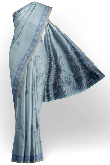 Blue Bengal Cotton Kamalam Butta Madhubani Inspired Pallu Saree