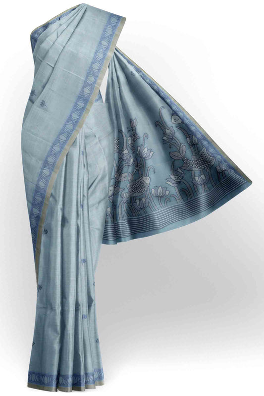 Blue Bengal Cotton Kamalam Butta Madhubani Inspired Pallu Saree