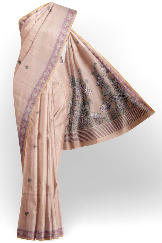 Sandal Bengal Cotton Kamalam Butta Madhubani Inspired Fish Tales Pallu Saree