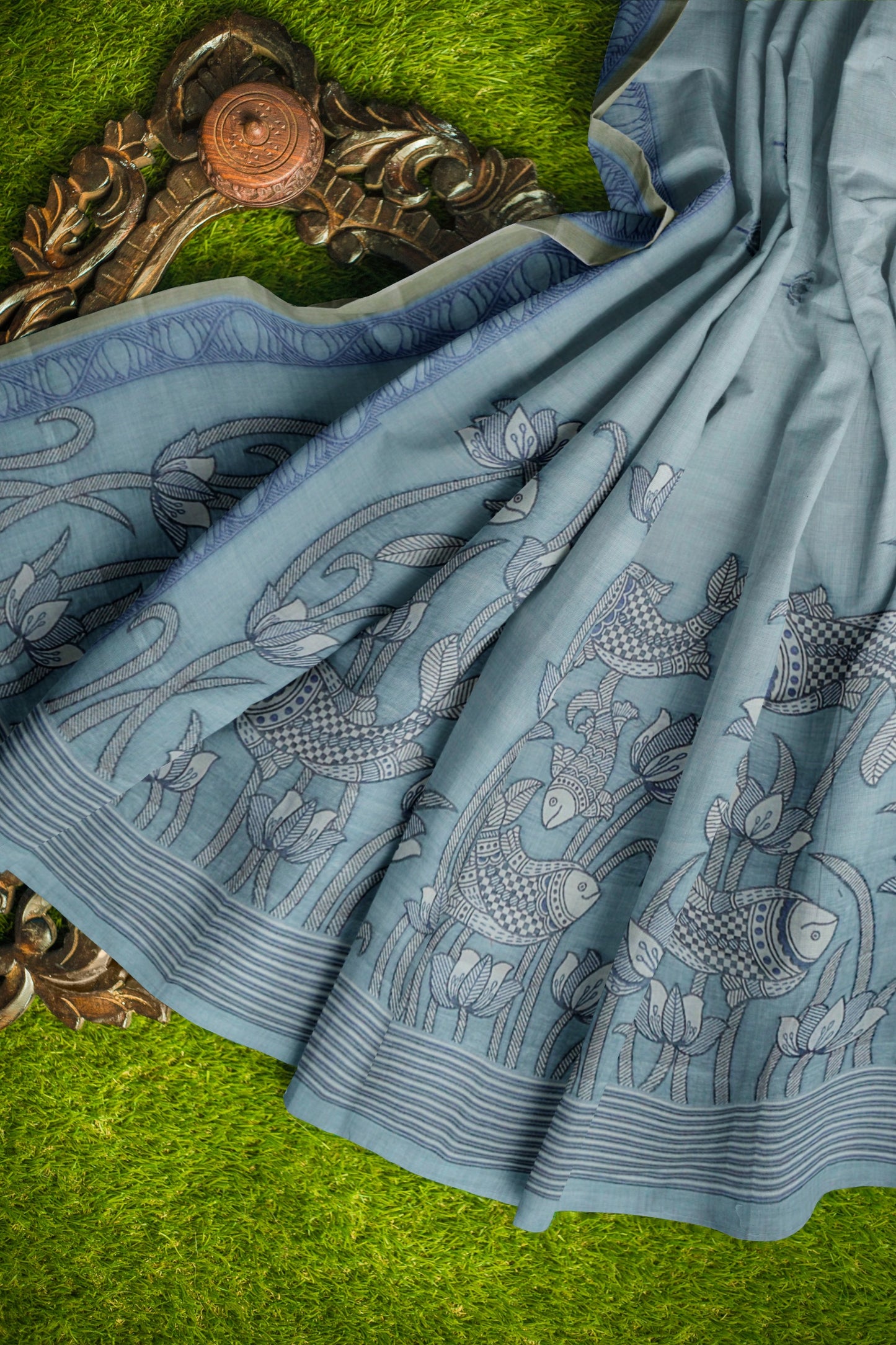 Blue Bengal Cotton Kamalam Butta Madhubani Inspired Pallu Saree