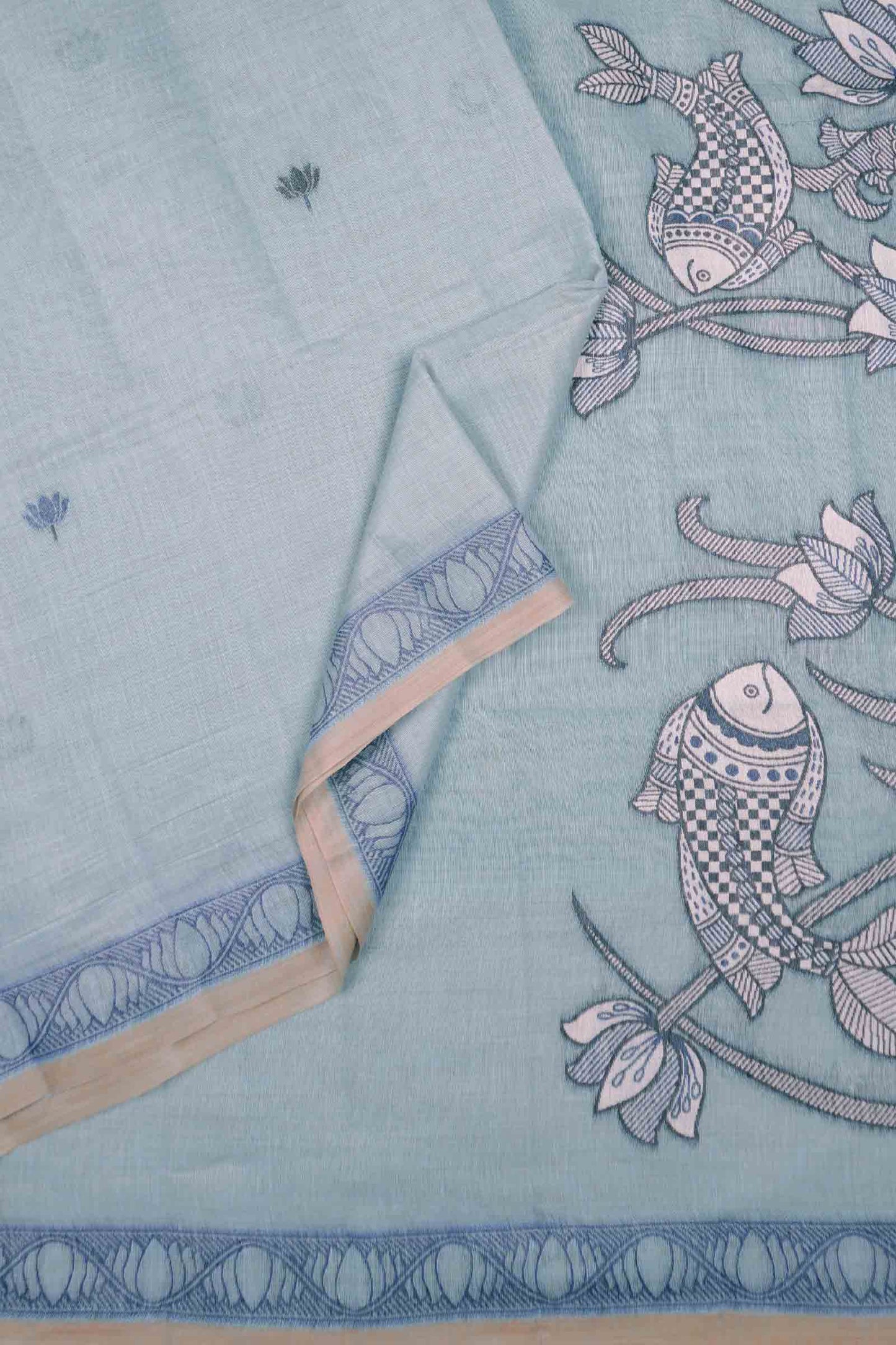 Blue Bengal Cotton Kamalam Butta Madhubani Inspired Pallu Saree