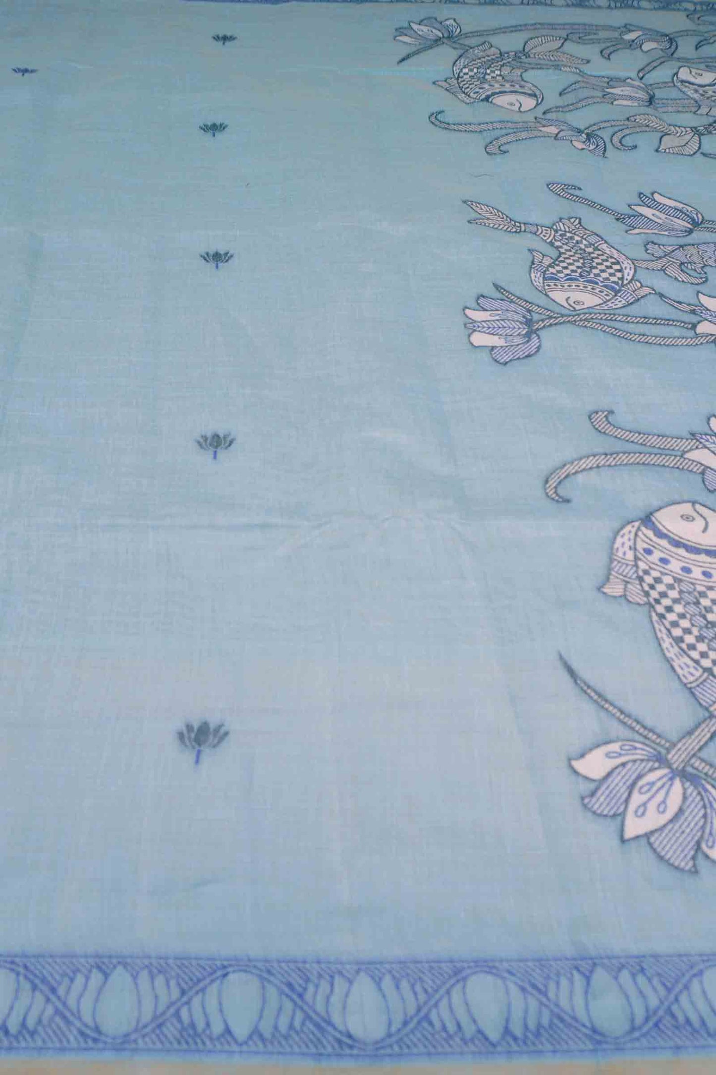 Blue Bengal Cotton Kamalam Butta Madhubani Inspired Pallu Saree