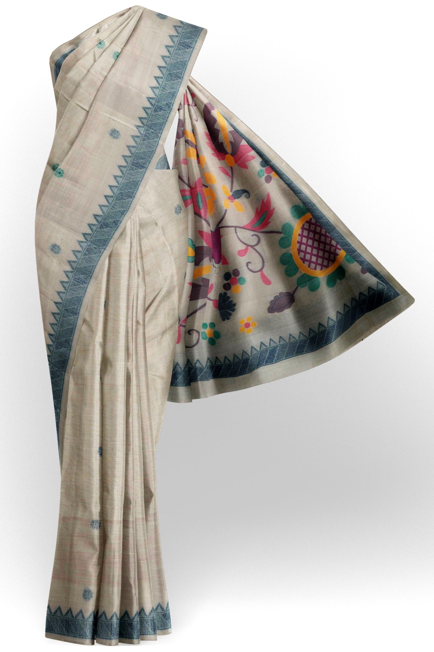 Off White Bengal Cotton Mini Butta Jamdani Style Pallu Border Saree