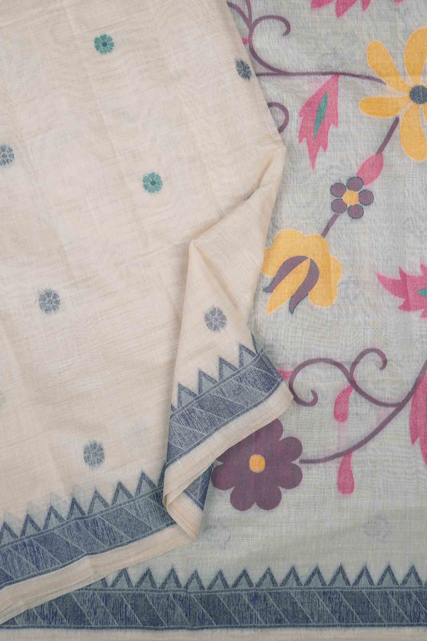 Off White Bengal Cotton Mini Butta Jamdani Style Pallu Border Saree