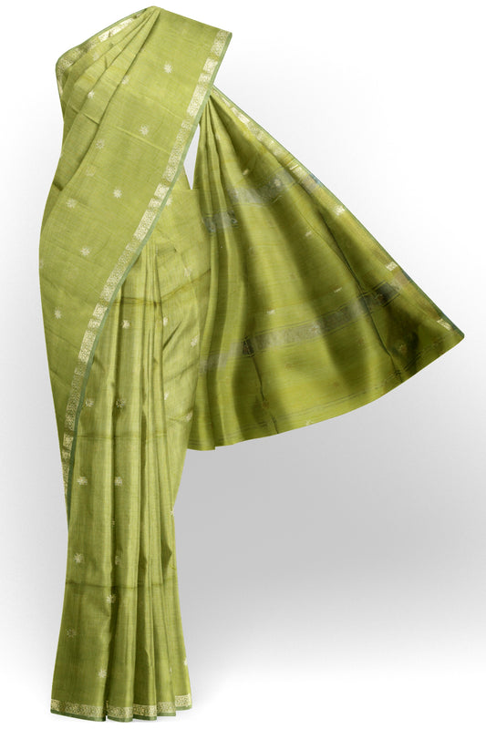 Light Olive Green Semi Maheswari Cotton Sampada Puspa Butta Contrast Pallu Saree