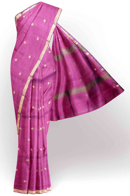 Purple Semi Maheswari Cotton Sampada Puspa Butta Contrast Pallu Saree
