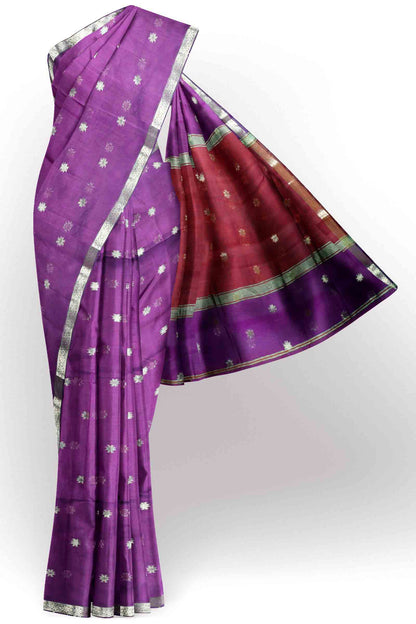 Violet Semi Maheswari Cotton Sampada Puspa Butta Contrast Pallu Saree