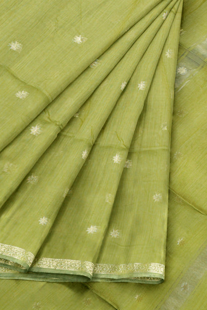 Light Olive Green Semi Maheswari Cotton Sampada Puspa Butta Contrast Pallu Saree