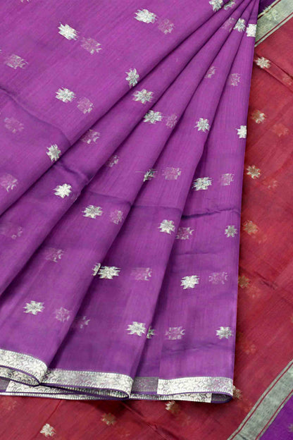 Violet Semi Maheswari Cotton Sampada Puspa Butta Contrast Pallu Saree