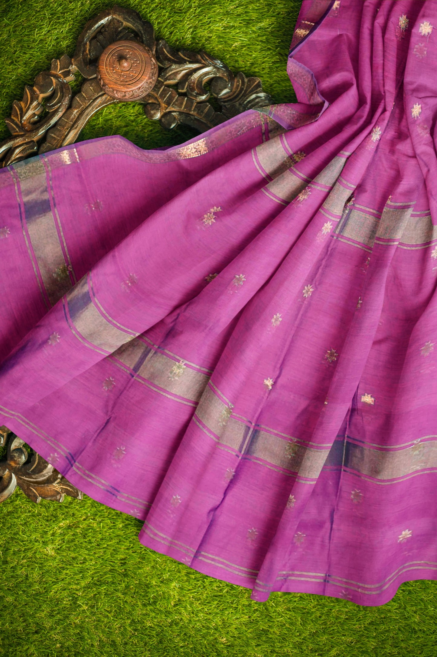 Purple Semi Maheswari Cotton Sampada Puspa Butta Contrast Pallu Saree