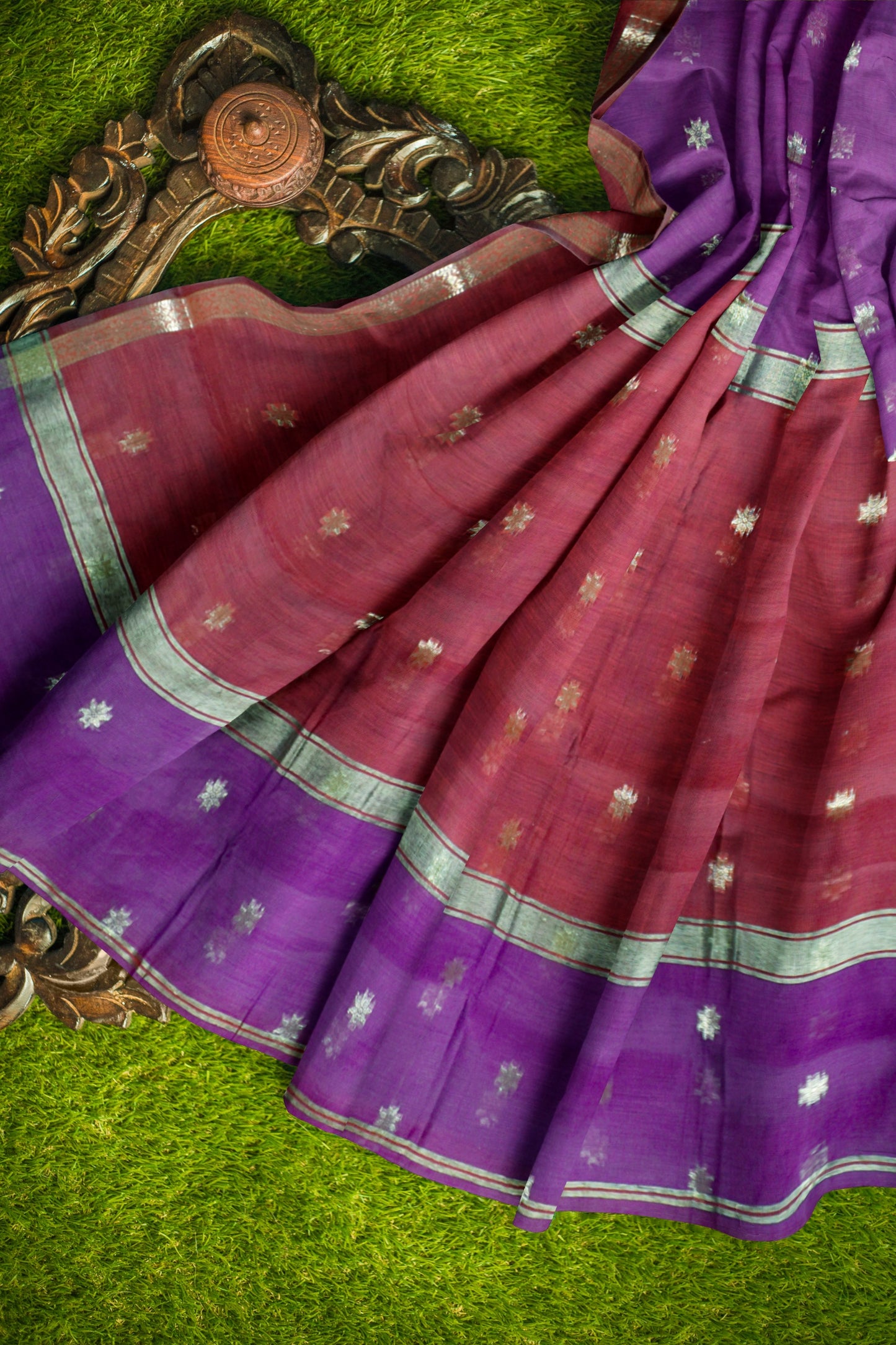 Violet Semi Maheswari Cotton Sampada Puspa Butta Contrast Pallu Saree