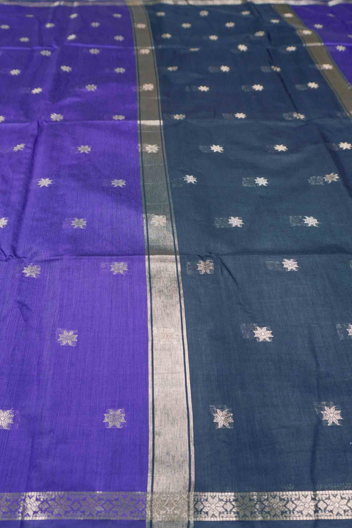 Violet Semi Maheswari Cotton Sampada Puspa Butta Contrast Pallu Saree